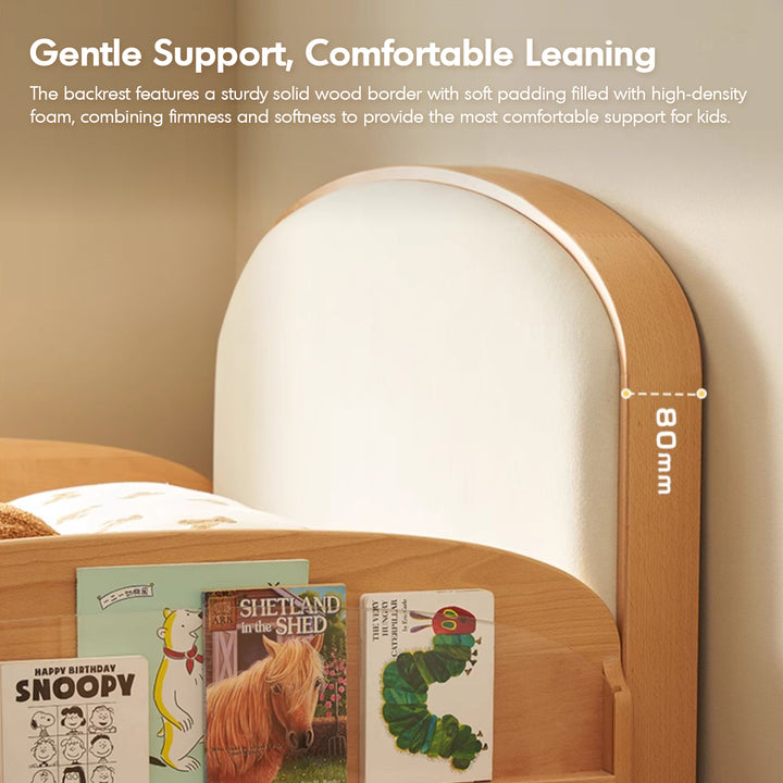 Scandinavian beech wood cat scratch resistant fabric leather kids bed nestle in panoramic view.