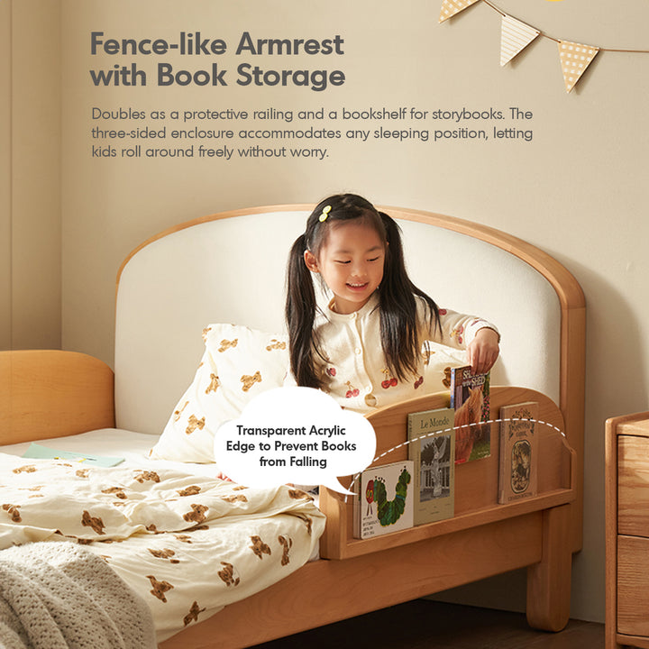 Scandinavian beech wood cat scratch resistant fabric leather kids bed nestle in still life.