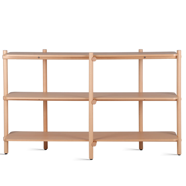 Scandinavian beech wood side display shelf hilda in white background.