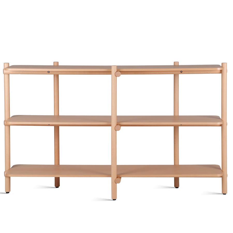 Scandinavian beech wood side display shelf hilda in white background.