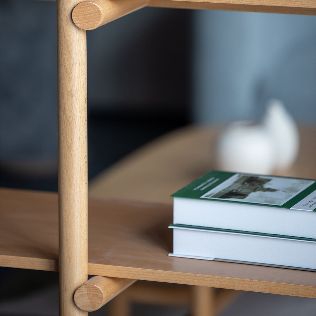 Scandinavian beech wood side display shelf hilda in panoramic view.