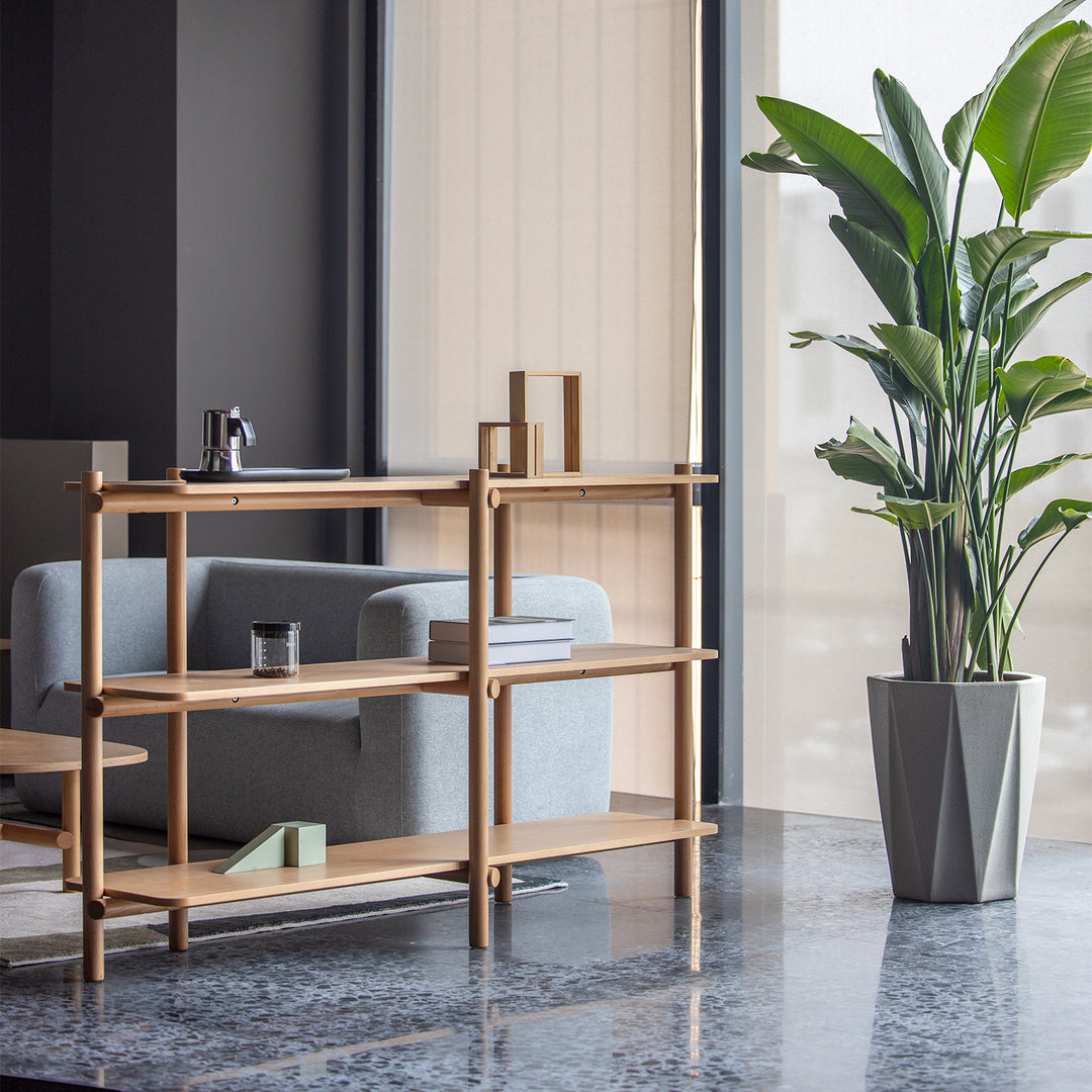 Scandinavian beech wood side display shelf hilda in real life style.