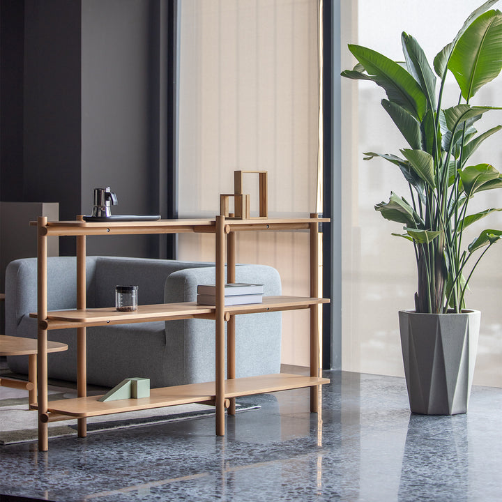 Scandinavian beech wood side display shelf hilda in real life style.