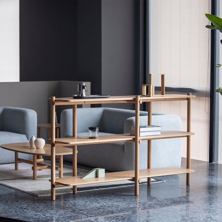 Scandinavian beech wood side display shelf hilda with context.