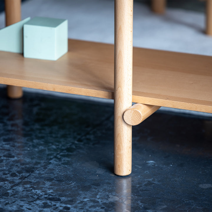 Scandinavian beech wood side display shelf hilda in details.