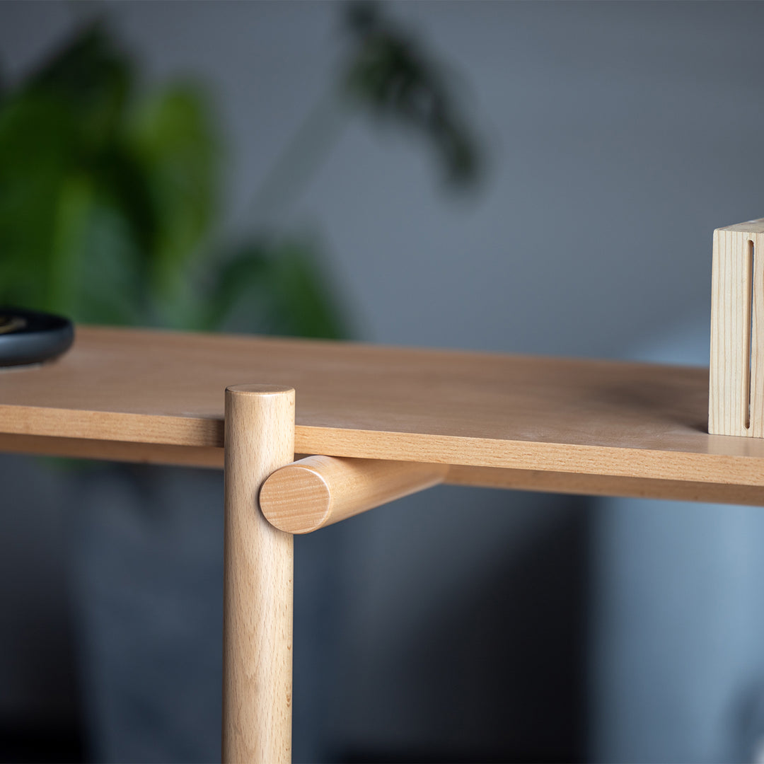 Scandinavian beech wood side display shelf hilda in close up details.