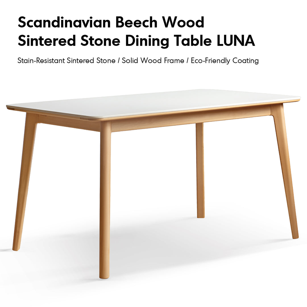Scandinavian beech wood sintered stone dining table luna in real life style.