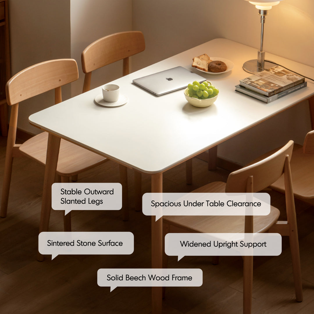 Scandinavian beech wood sintered stone dining table luna with context.