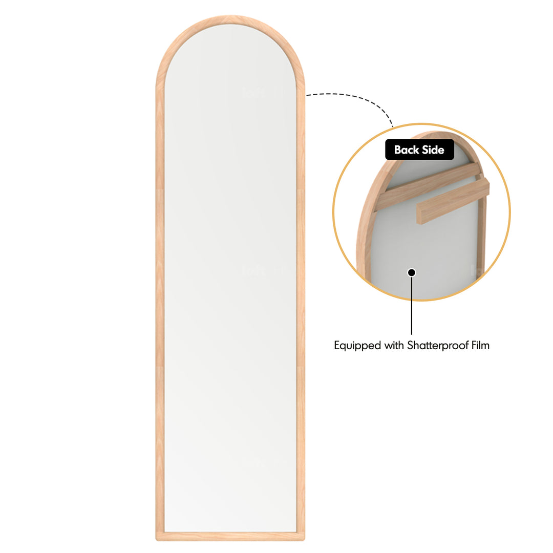 Scandinavian beech wood wall hanging dressing mirror glimmer in panoramic view.