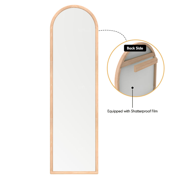 Scandinavian beech wood wall hanging dressing mirror glimmer in panoramic view.