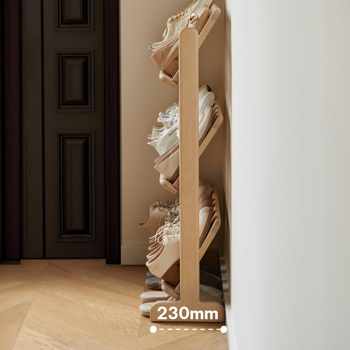 Scandinavian birch wood shoe shelf lina in panoramic view.