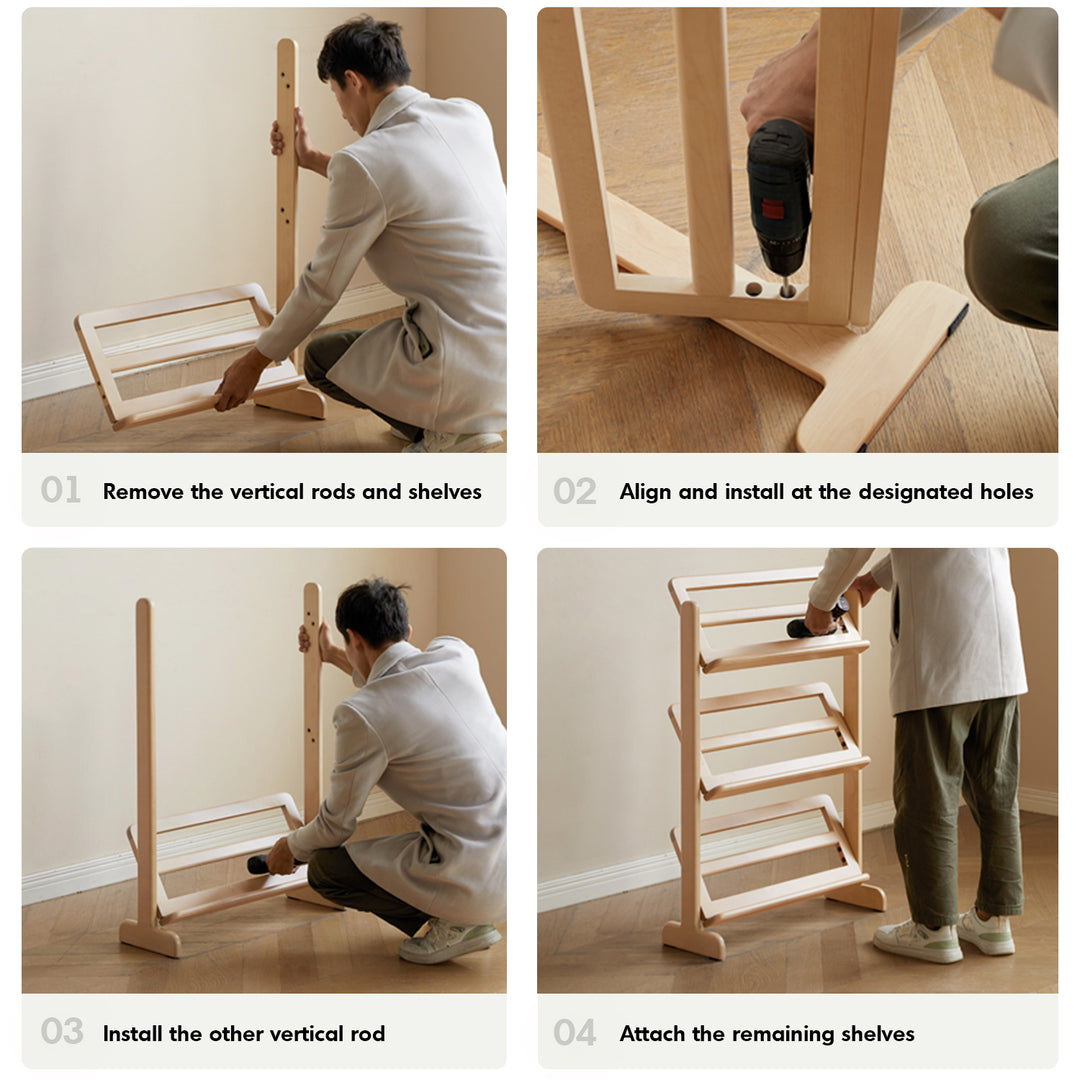 Scandinavian birch wood shoe shelf lina layered structure.