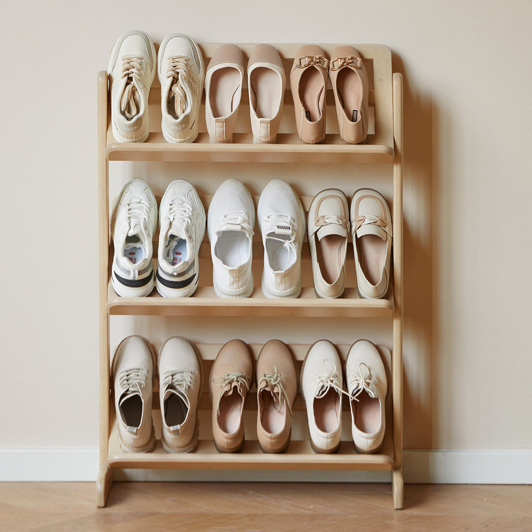 Scandinavian birch wood shoe shelf lina in real life style.