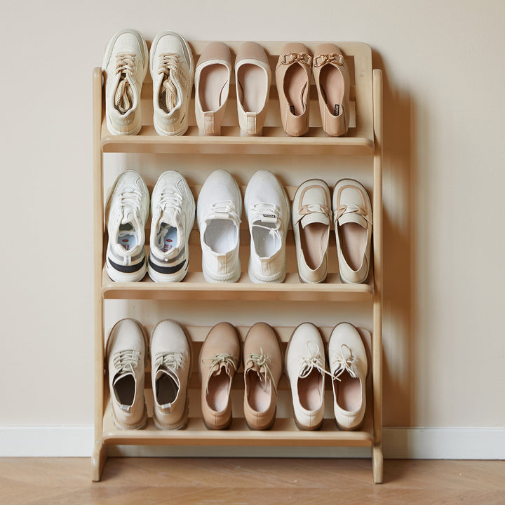 Scandinavian birch wood shoe shelf lina in real life style.