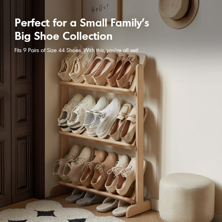 Scandinavian birch wood shoe shelf lina with context.