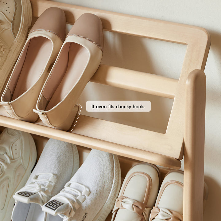 Scandinavian birch wood shoe shelf lina in close up details.