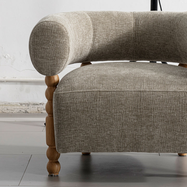 Japandi boucle fabric 1 seater sofa amarah in panoramic view.