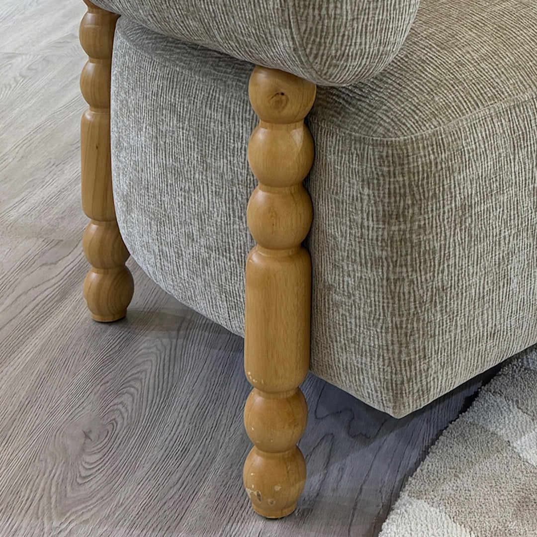 Japandi boucle fabric 1 seater sofa amarah in still life.