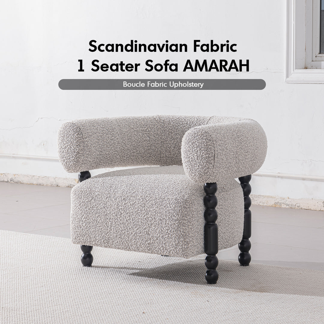 Japandi boucle fabric 1 seater sofa amarah material variants.