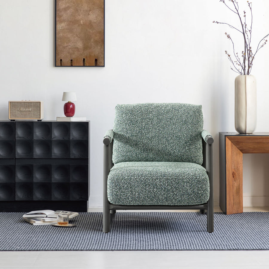 Japandi chenille velvet fabric 1 seater sofa sence primary product view.