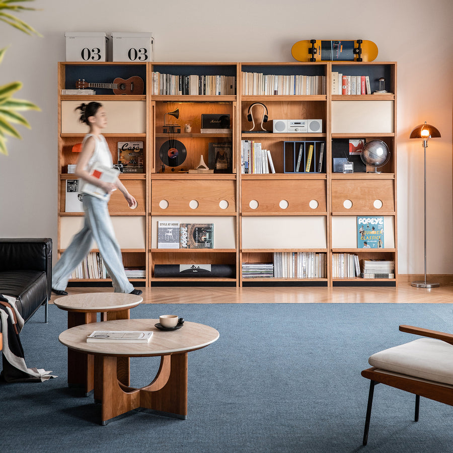 Scandinavian cherry wood bookshelf time primary product view.