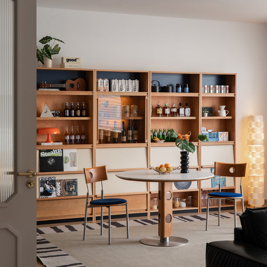 Scandinavian cherry wood bookshelf time in panoramic view.