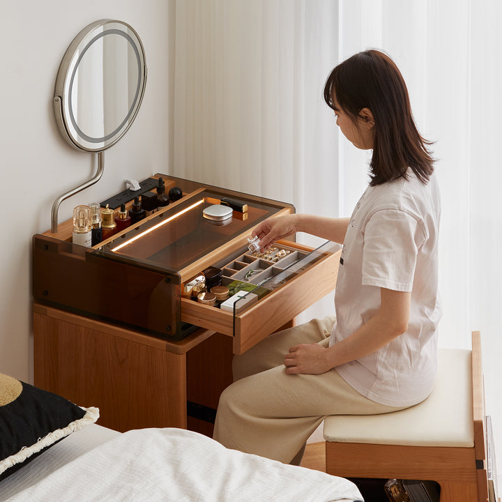 Scandinavian cherry wood dressing table mirror lake in panoramic view.
