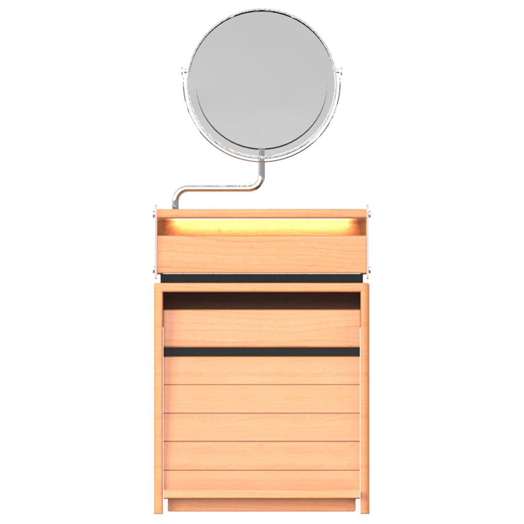 Scandinavian cherry wood dressing table mirror lake in white background.