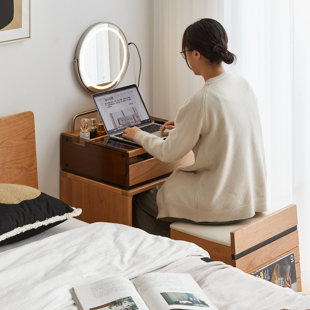 Scandinavian cherry wood dressing table mirror lake color swatches.
