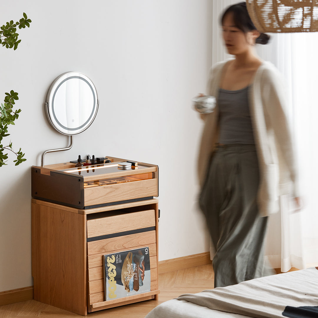 Scandinavian cherry wood dressing table mirror lake in real life style.