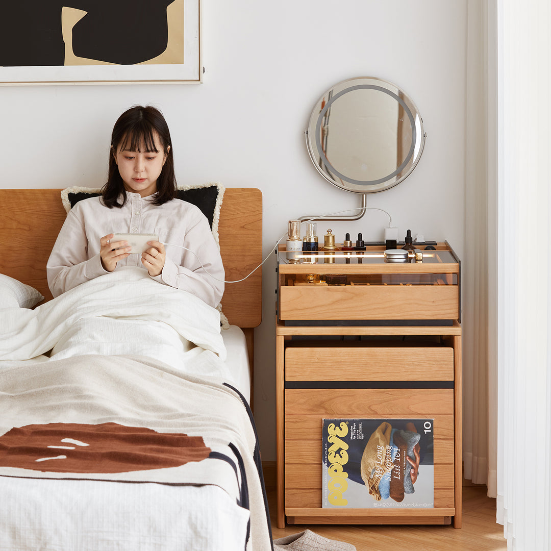 Scandinavian cherry wood dressing table mirror lake in close up details.