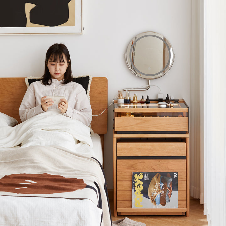 Scandinavian cherry wood dressing table mirror lake in close up details.