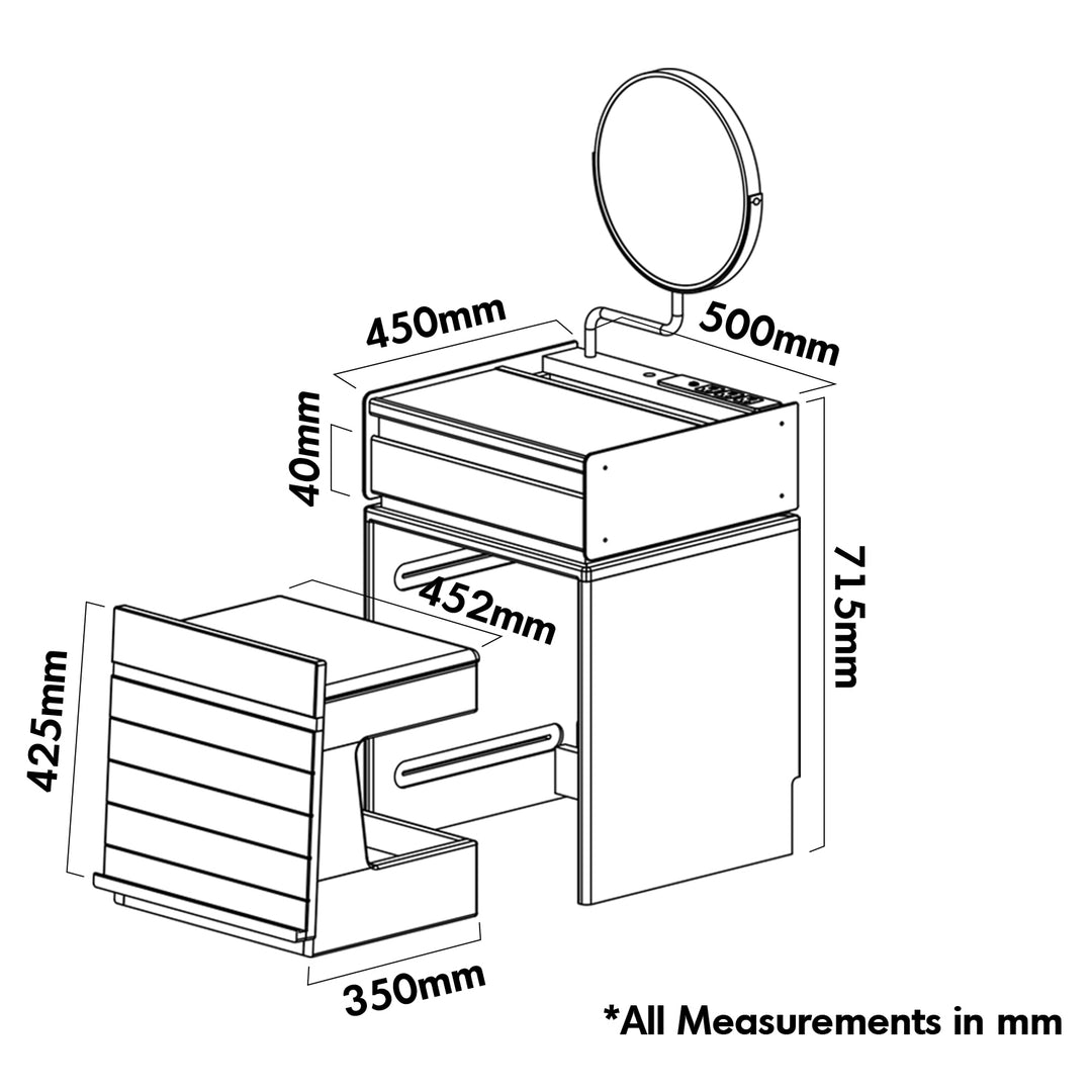 Measurement diagram of a vanity unit with mirror and drawers