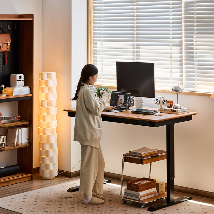 Scandinavian cherry wood electric height adjustable study table kazama layered structure.