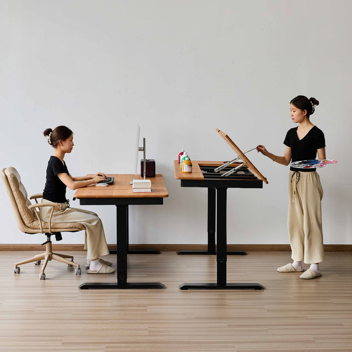 Scandinavian cherry wood electric height adjustable study table kazama with context.