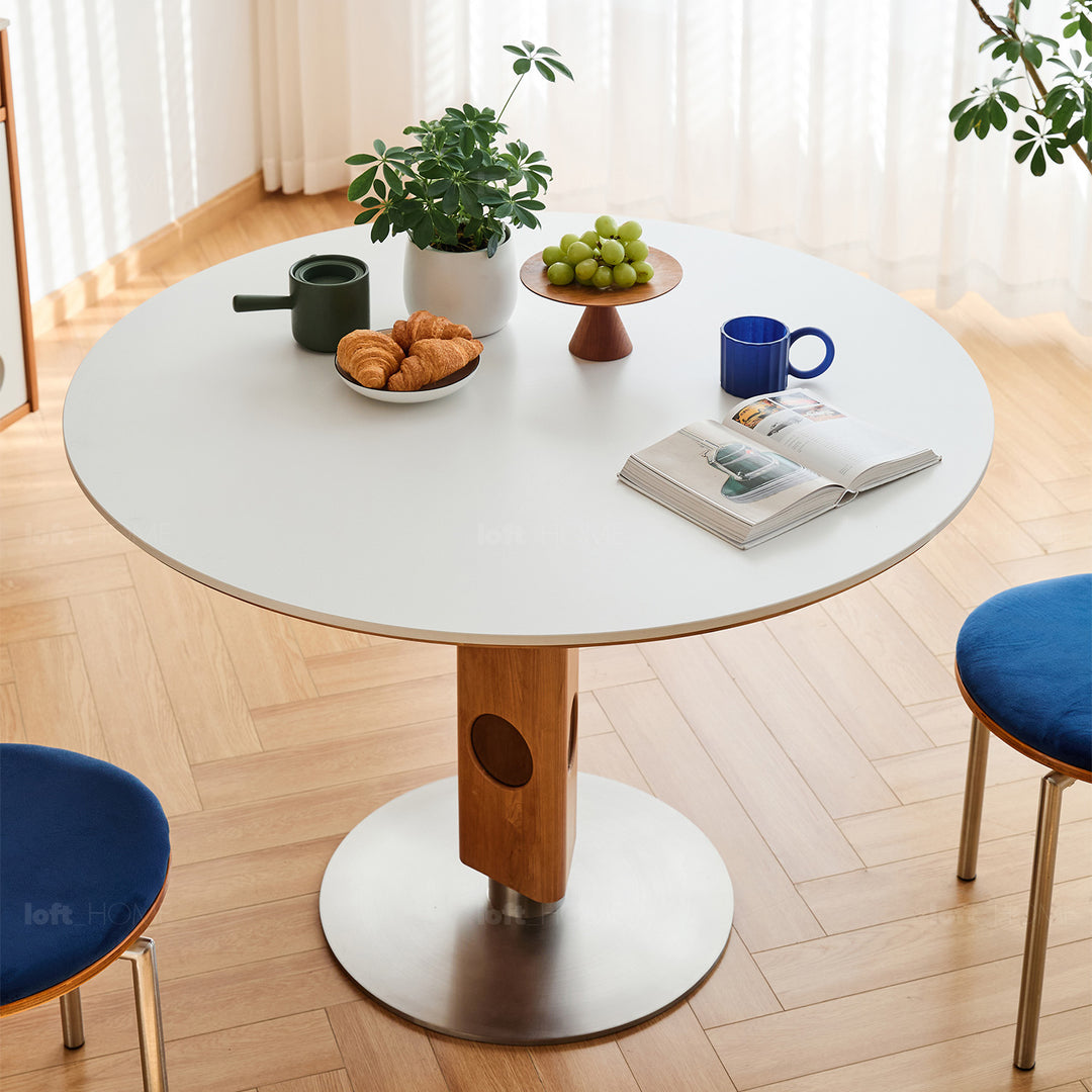 Scandinavian cherry wood sintered stone round dining table timeless situational feels.
