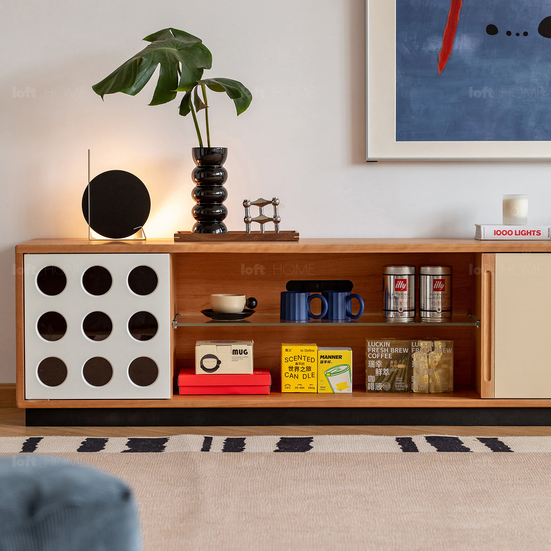Scandinavian cherry wood sliding door tv console timeless in panoramic view.