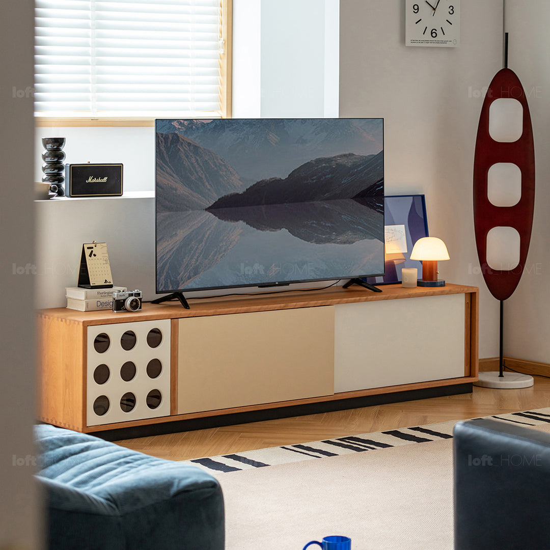 Scandinavian cherry wood sliding door tv console timeless environmental situation.