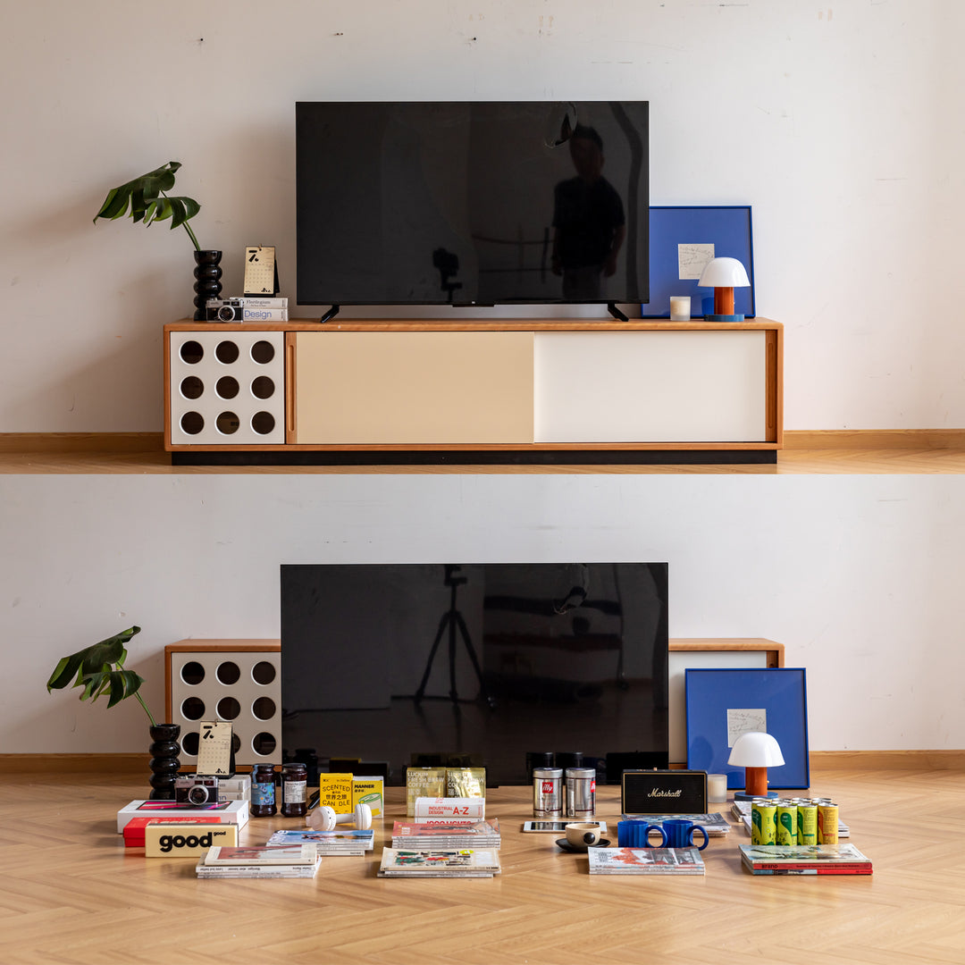 Scandinavian cherry wood sliding door tv console timeless situational feels.