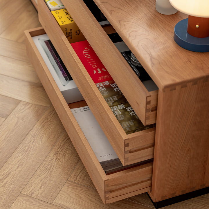 Scandinavian cherry wood sliding door tv console timeless layered structure.