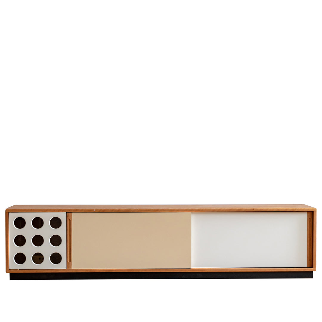 Scandinavian cherry wood sliding door tv console timeless in white background.