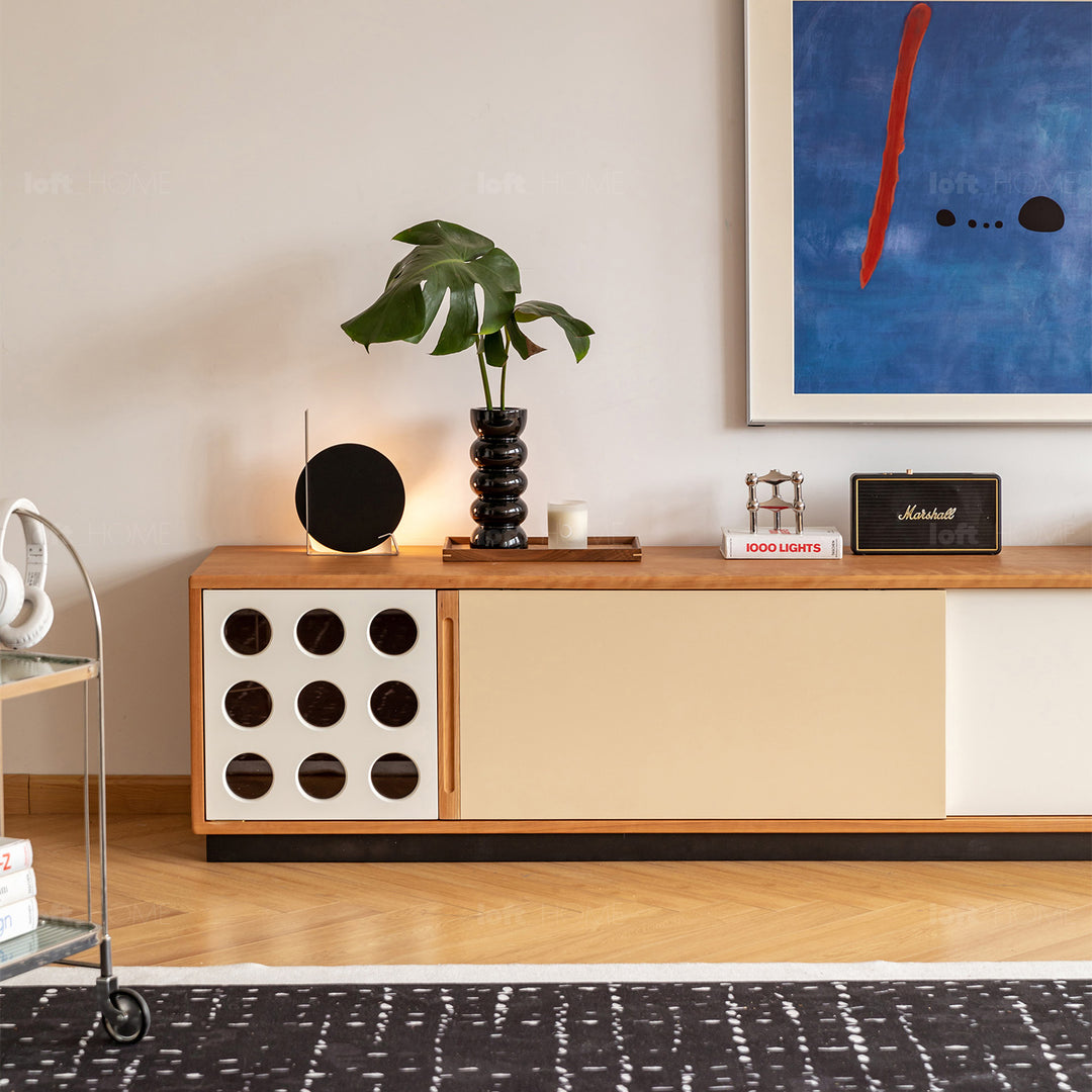 Scandinavian cherry wood sliding door tv console timeless in real life style.