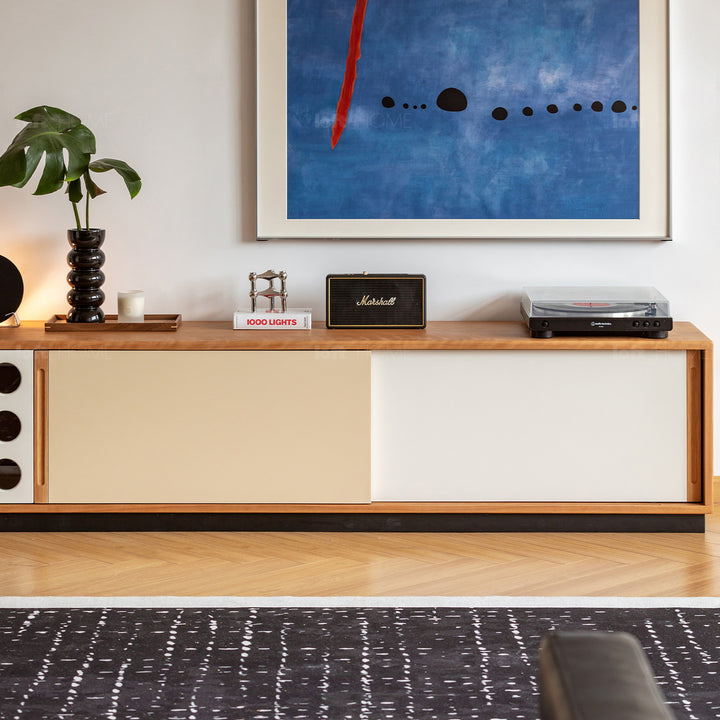 Scandinavian cherry wood sliding door tv console timeless with context.