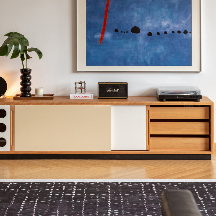 Scandinavian cherry wood sliding door tv console timeless in details.