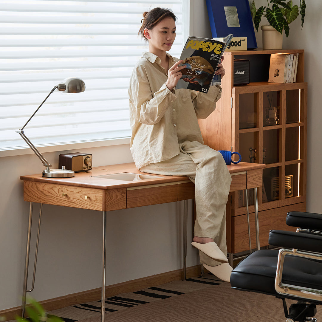 Scandinavian cherry wood study table timeless in close up details.