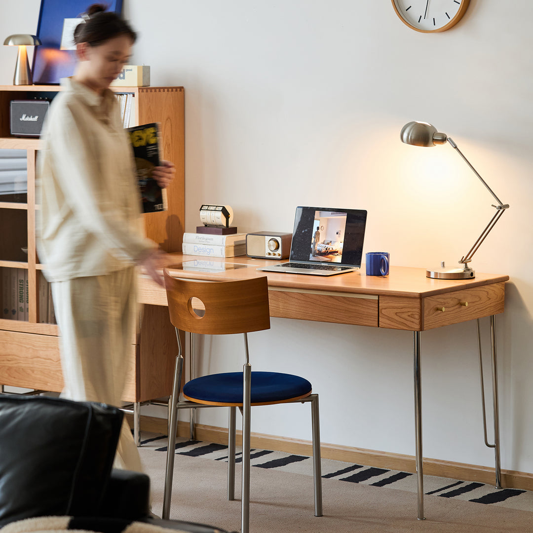 Scandinavian cherry wood study table timeless in panoramic view.