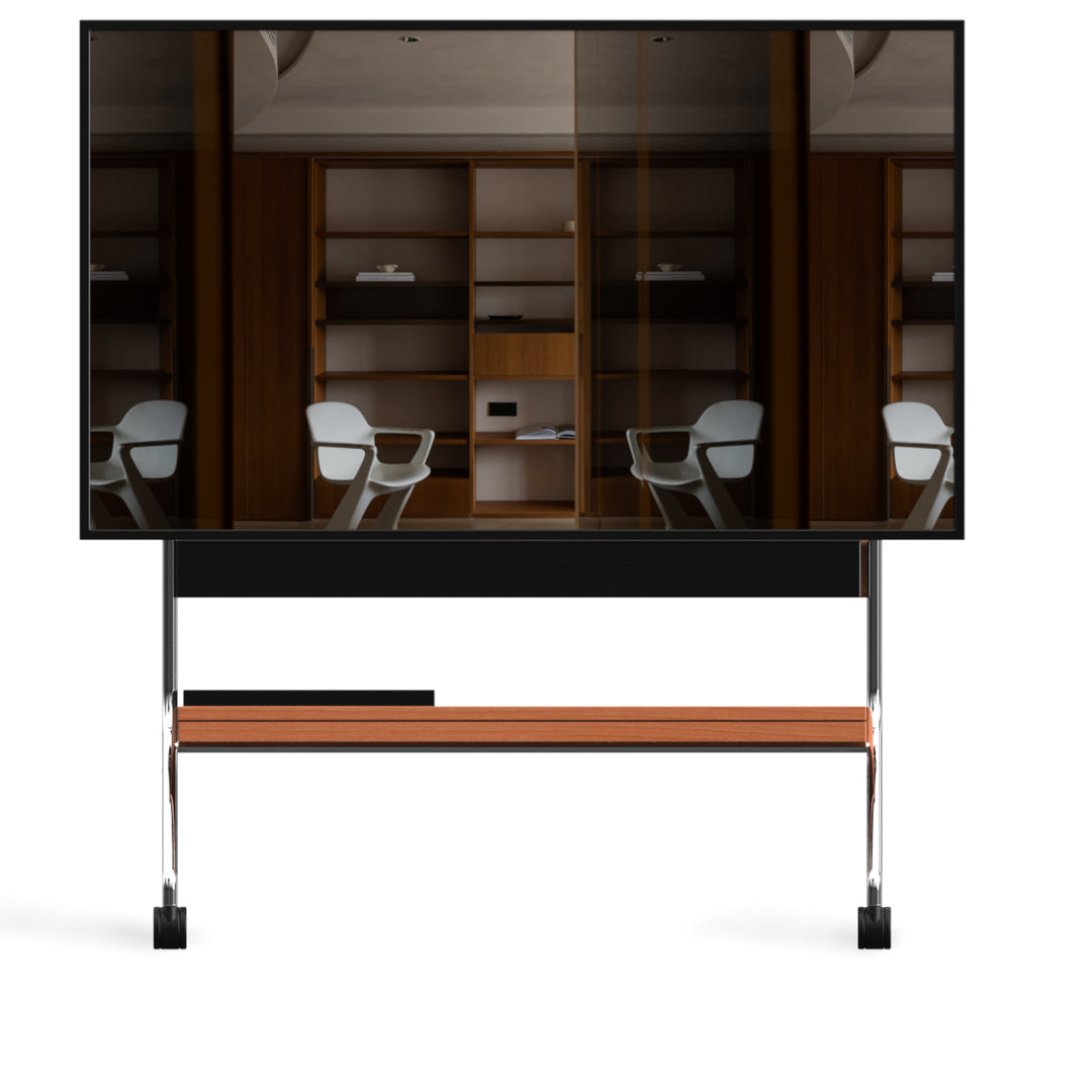 Scandinavian cherry wood tv hanger hal in white background.