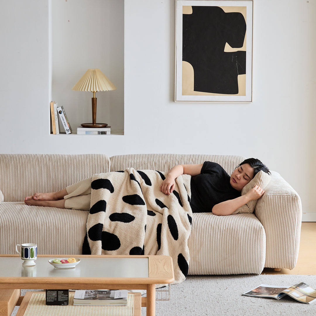 Scandinavian corduroy velvet fabric 1 seater sofa square in real life style.