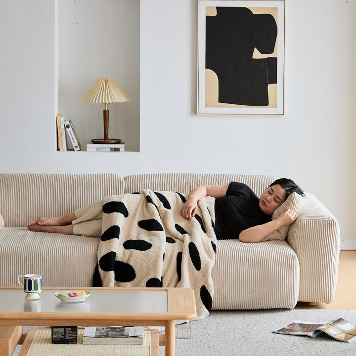 Scandinavian corduroy velvet fabric 1 seater sofa square in real life style.