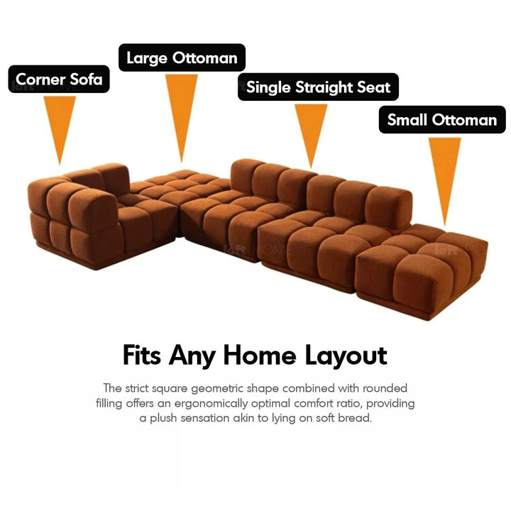 Contemporary teddy fabric modular 4 seater sofa cuboid in real life style.